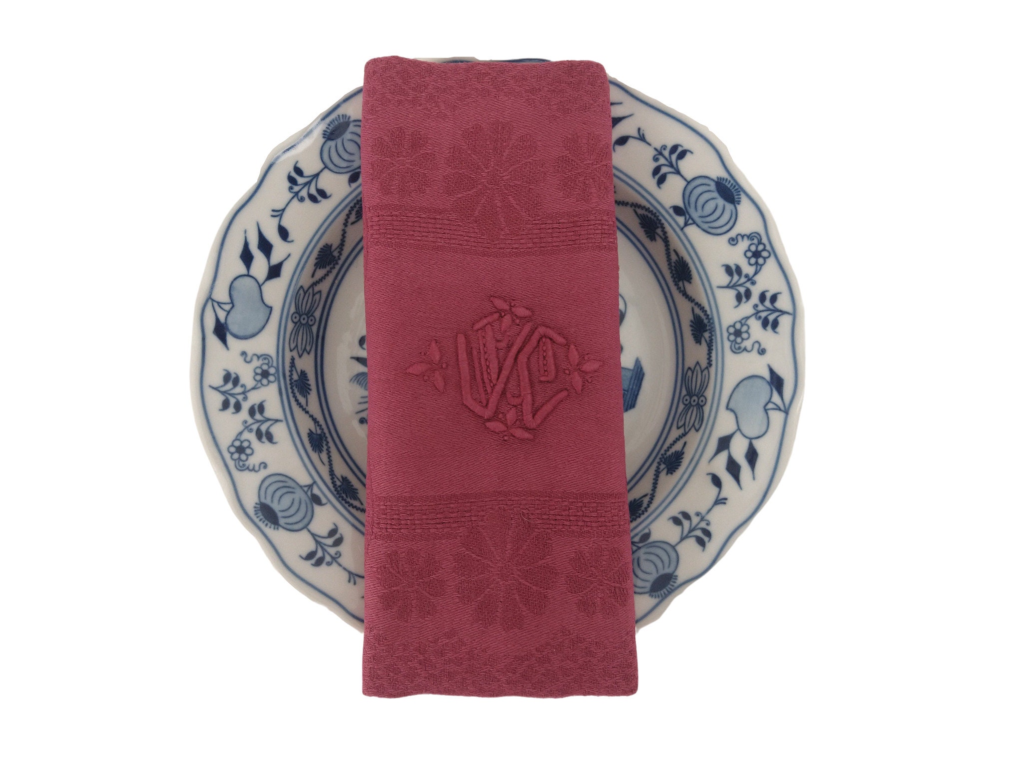 Antique French Linen Napkins, Set of 4, Raspberry Pink Monogram