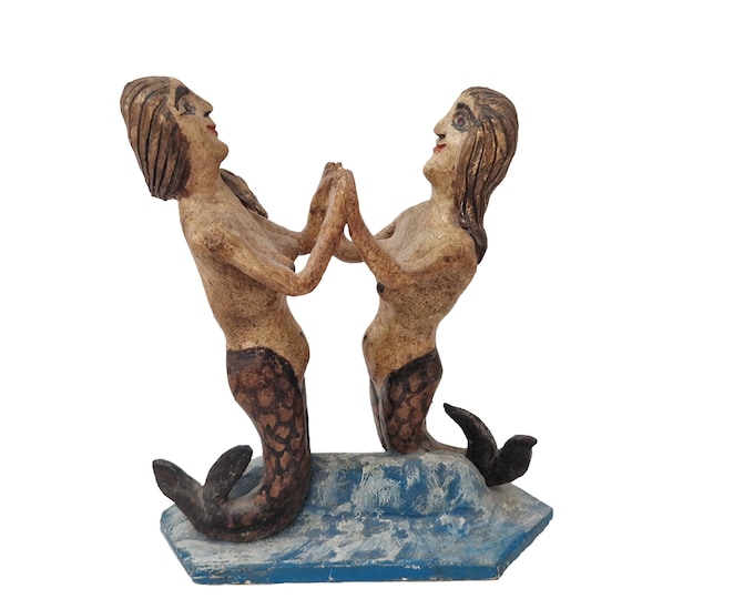 Mid Century Pottery Mermaid Figurine, Vintage French Coastal and Nautical Home Decor