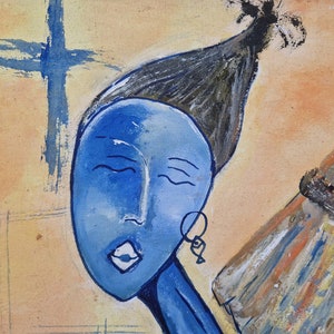 African Mother and Child Painting, Modernist Blue Women Wall Art image 5