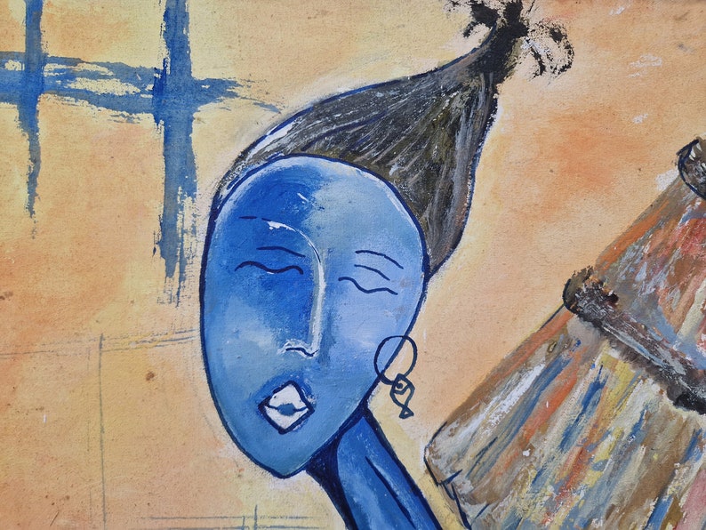 African Mother and Child Painting, Modernist Blue Women Wall Art image 5