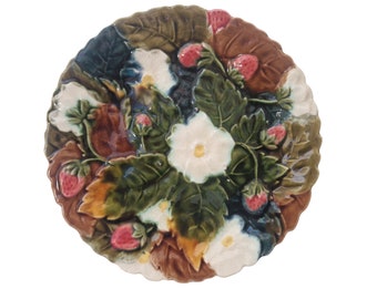 Antique French Majolica Strawberry Plate, Green Leaf Wall Plate