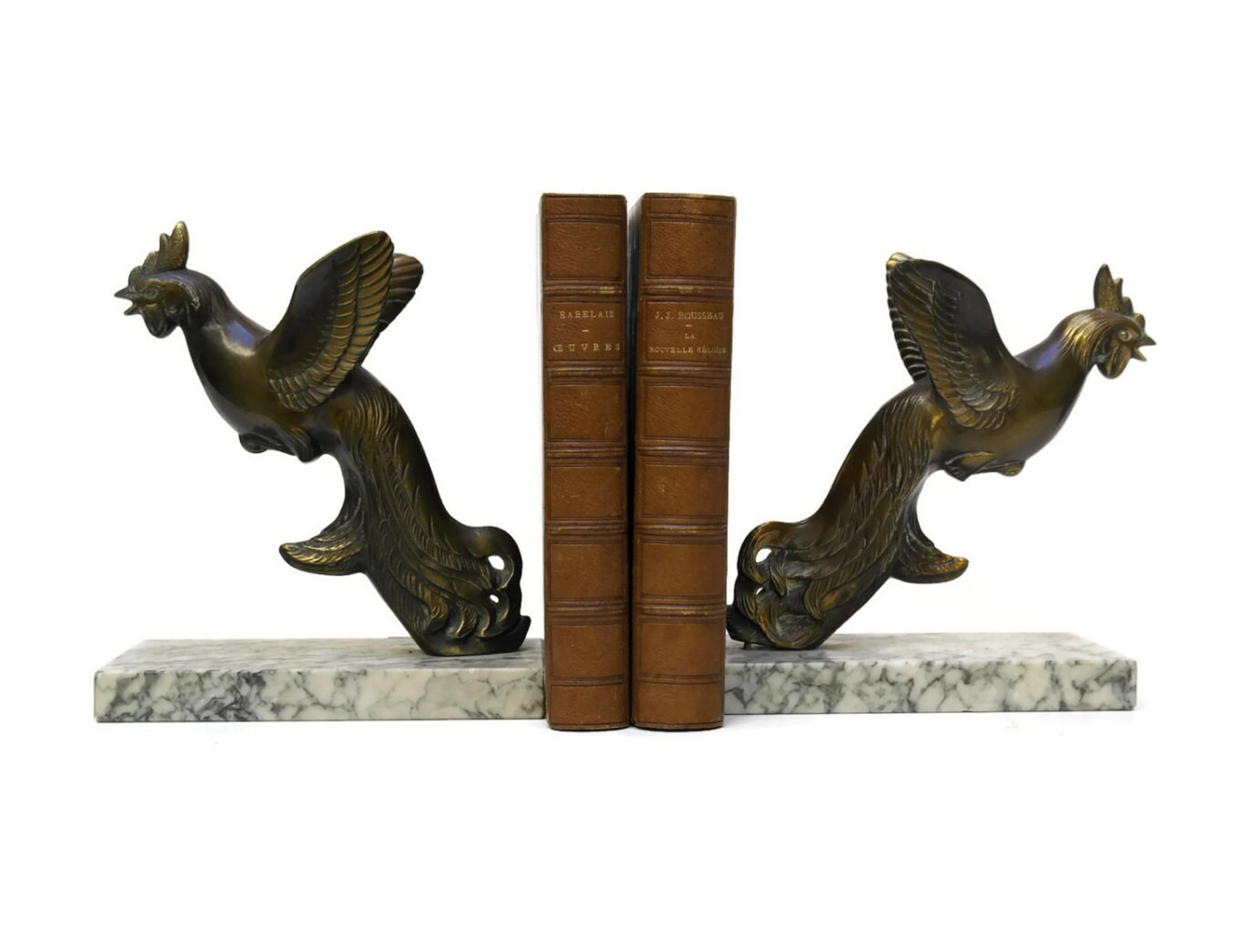 Vintage French Art Deco Bookends. French Rooster bookends. Marble Book