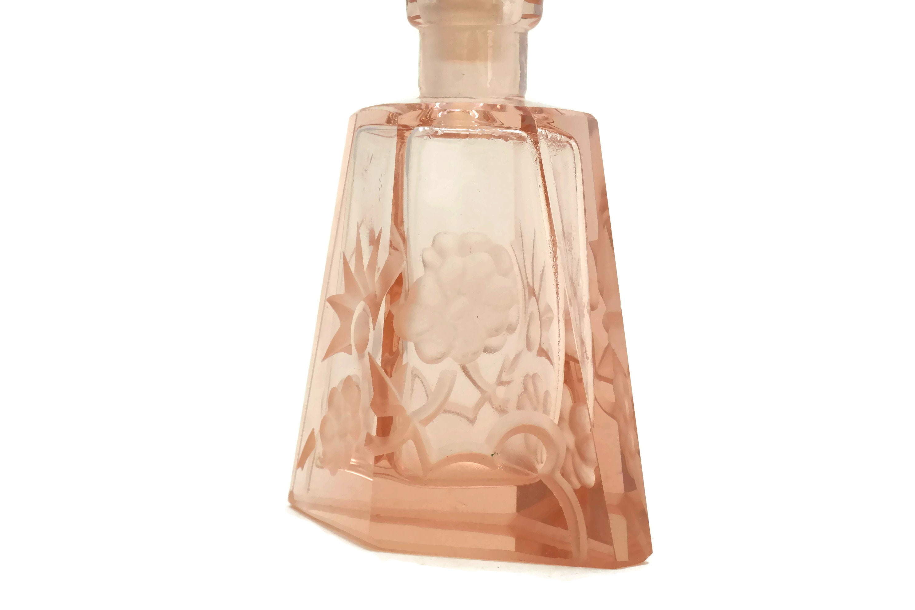 Pink Art Deco Crystal Perfume Bottle. Antique French Parfum Flacon with