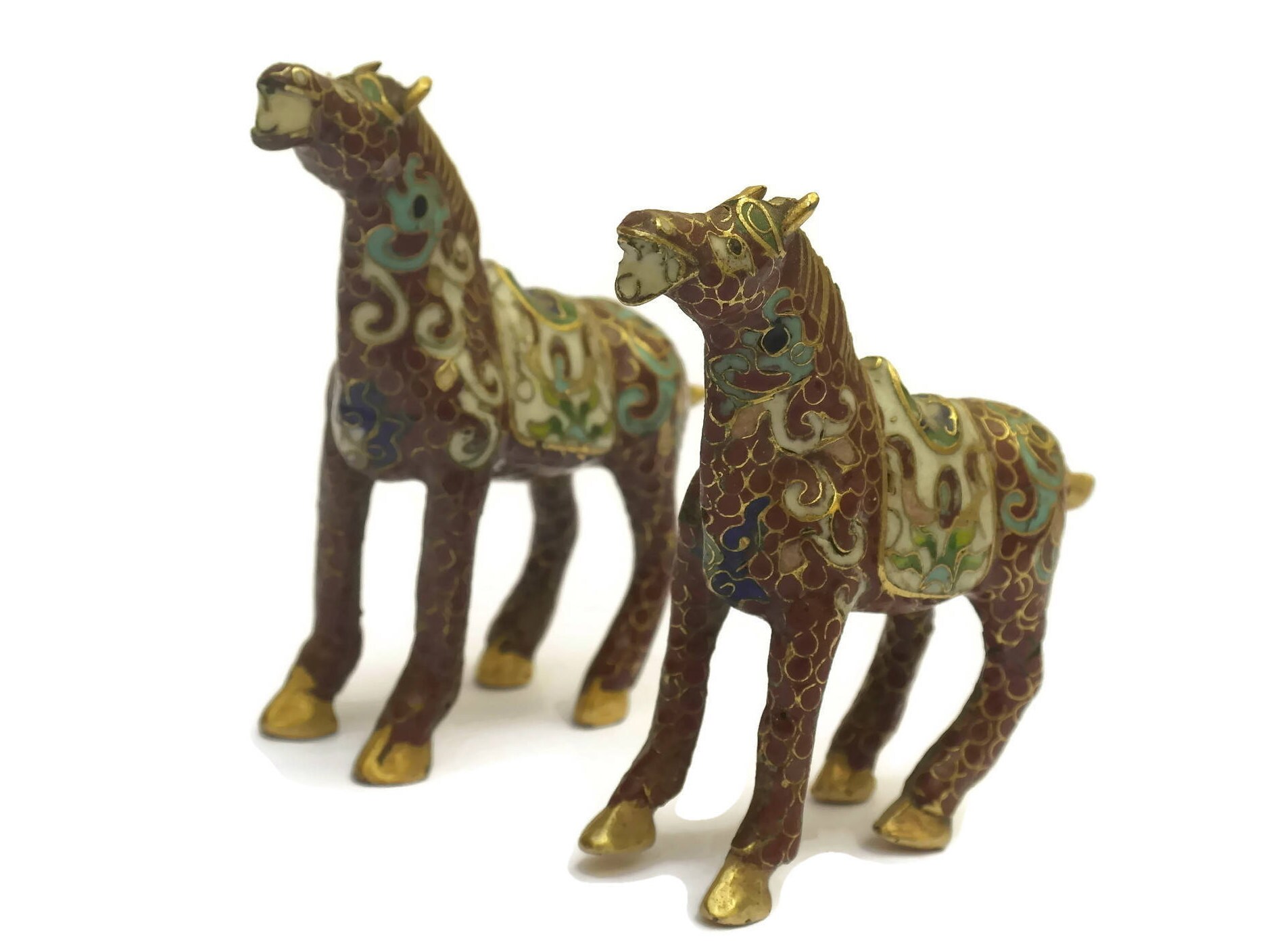 Pair of Brass and Enamel Cloisonne Miniature Horse Figurines