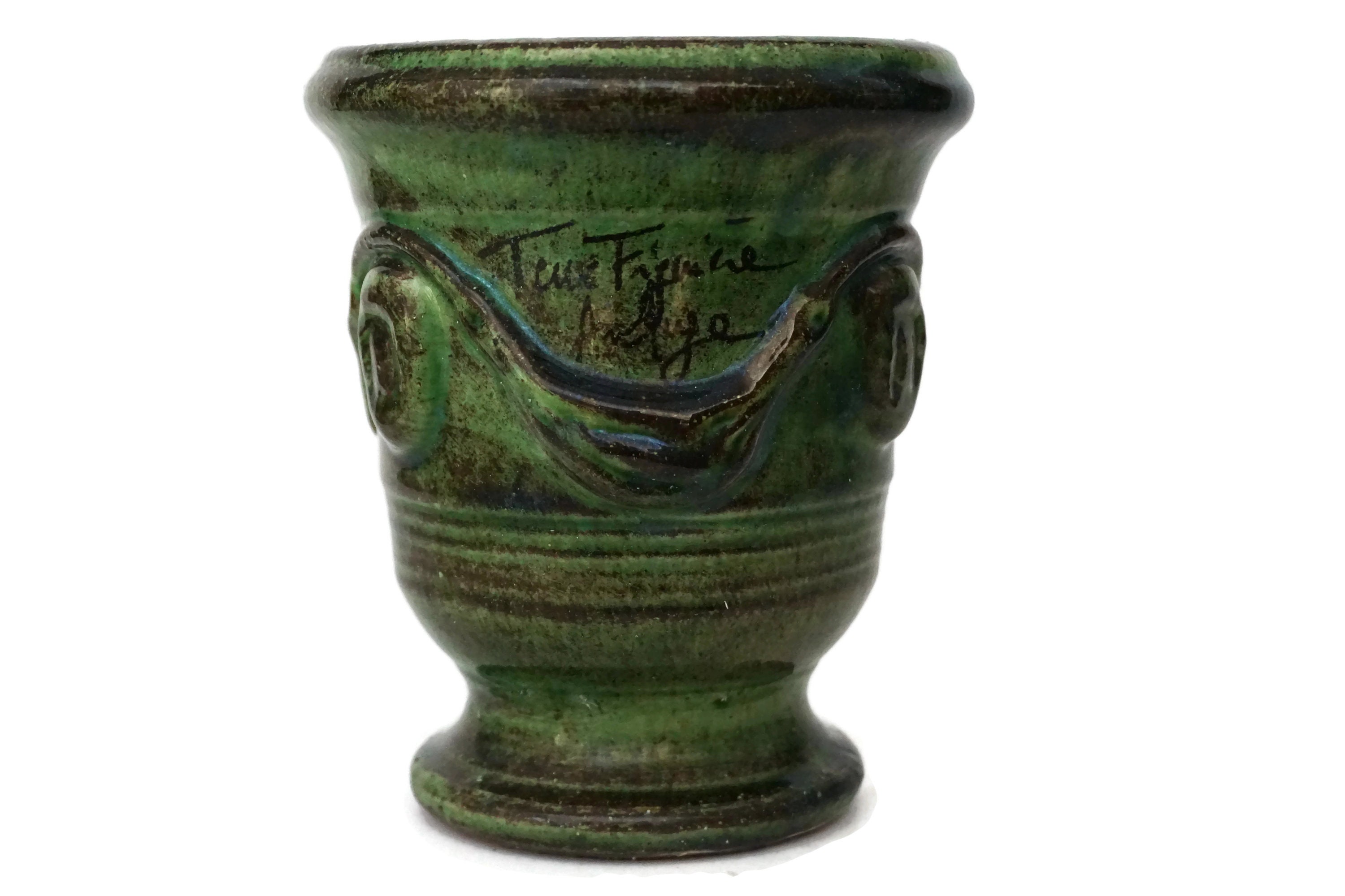 French Anduze Pottery Herb Pot, Small Green Terracotta Urn Vase