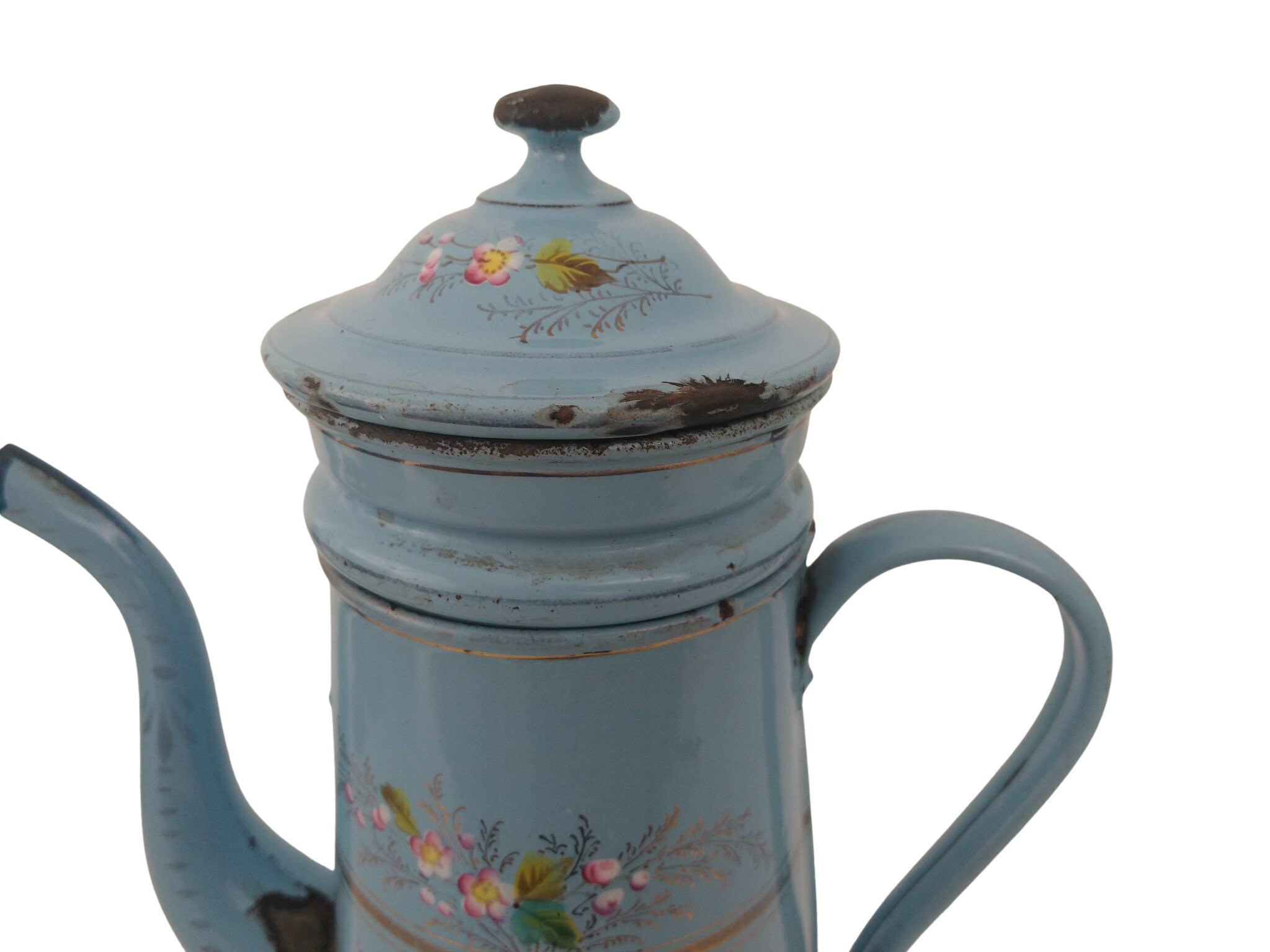 Antique French Enamel Coffee Pot with Hand Painted Flowers, Blue
