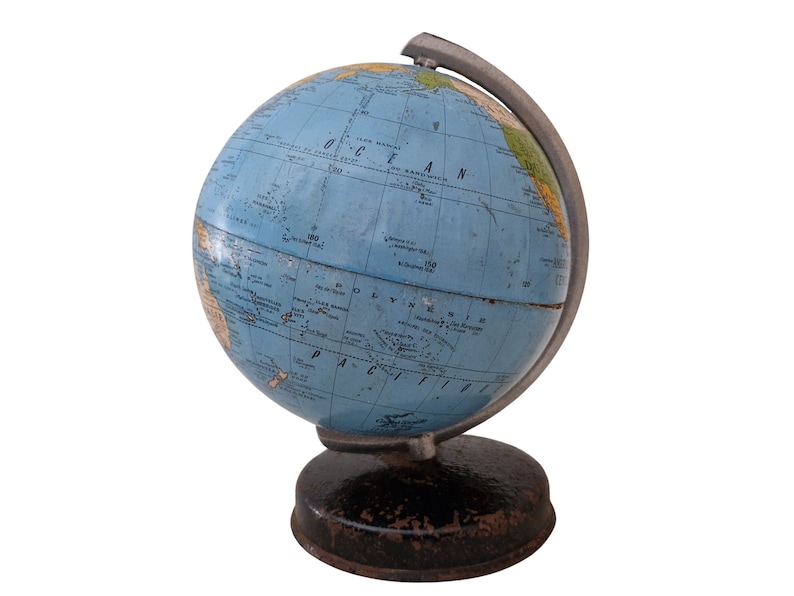 Mid Century Tin World Globe by Cartes Taride, Small Desk Top Earth Map image 3