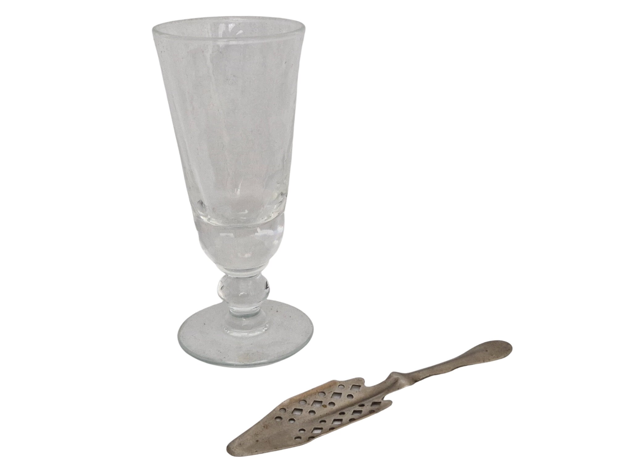 French Antique Absinthe Glass and Spoon Set, Collectible Glassware and