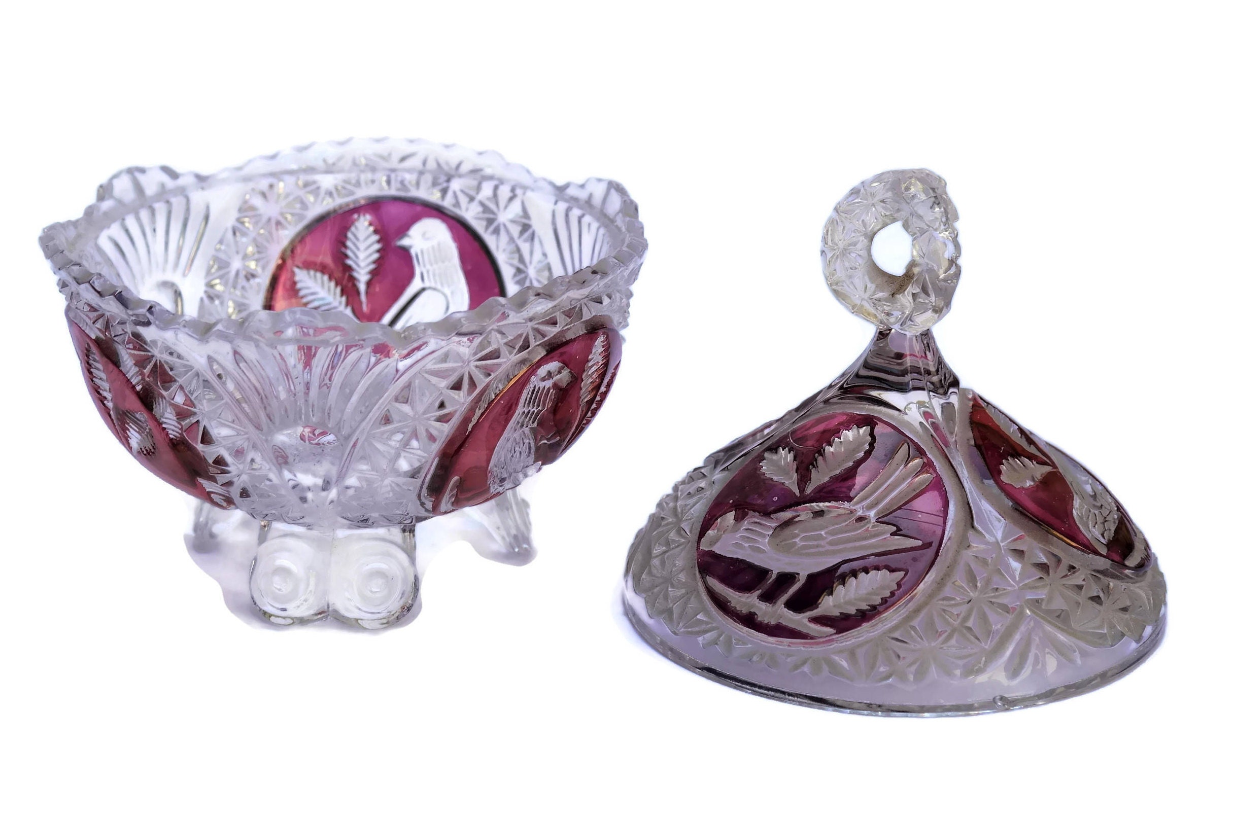 Vintage Hofbauer Crystal Byrde Candy Dish with Red Birds. Crystal