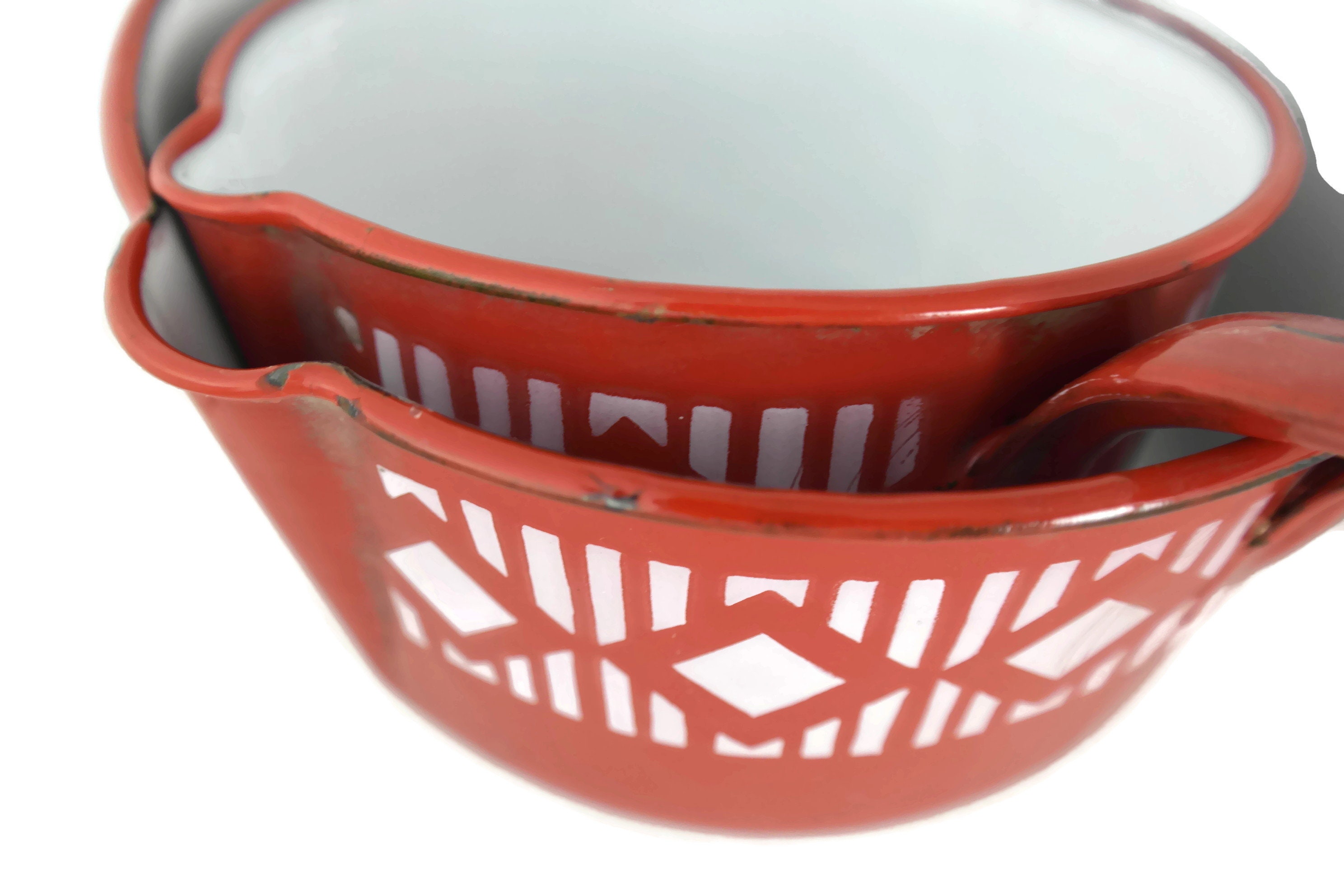 French Enamel Red Saucepan Set, Art Deco Kitchen Decor, Vintage Foodie