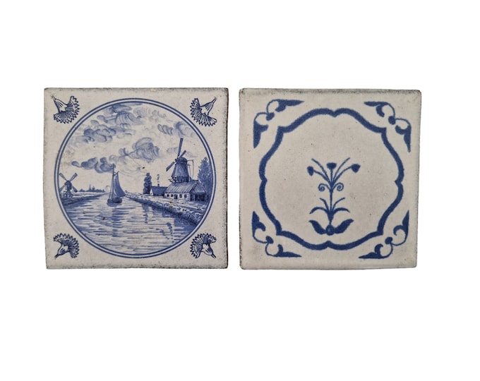 Pair of French Blue and White Ceramic Wall Tiles by Longchamp, Hand Painted Delft Style Kitchen Decor