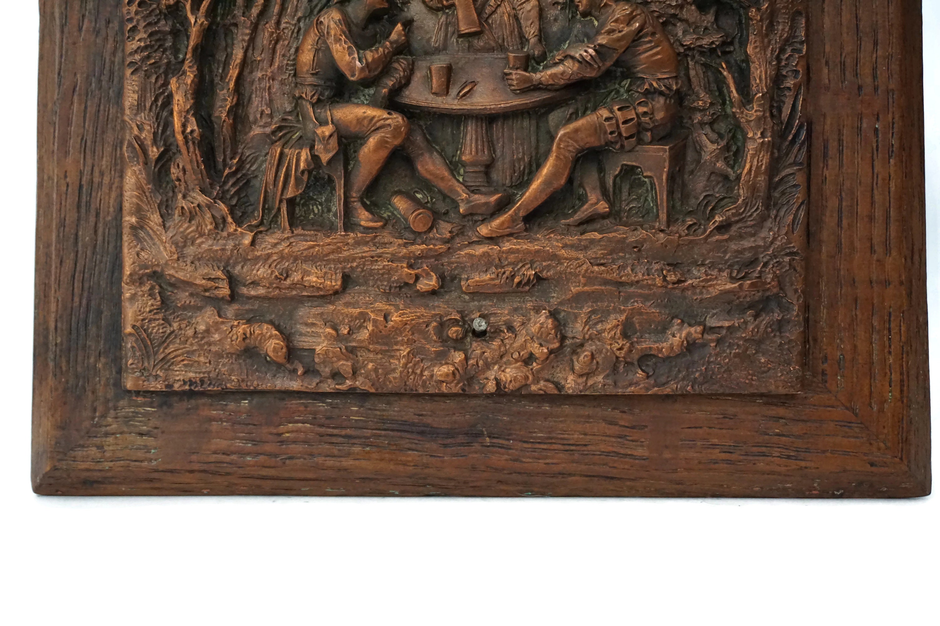 Antique Copper Bas Relief Hanging Plaque, German Wall Art with Dice