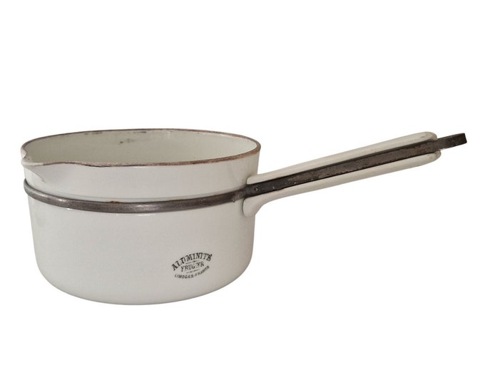 French Limoges Aluminite Porcelain Saucepan, Antique White Ceramic Kitchen Cooking Pot