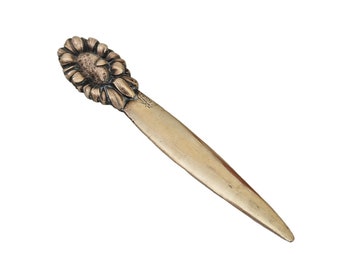 Bronze Letter Opener Paper Knife with Zinnia Flower Signed Villiers, Art Deco Office Gifts