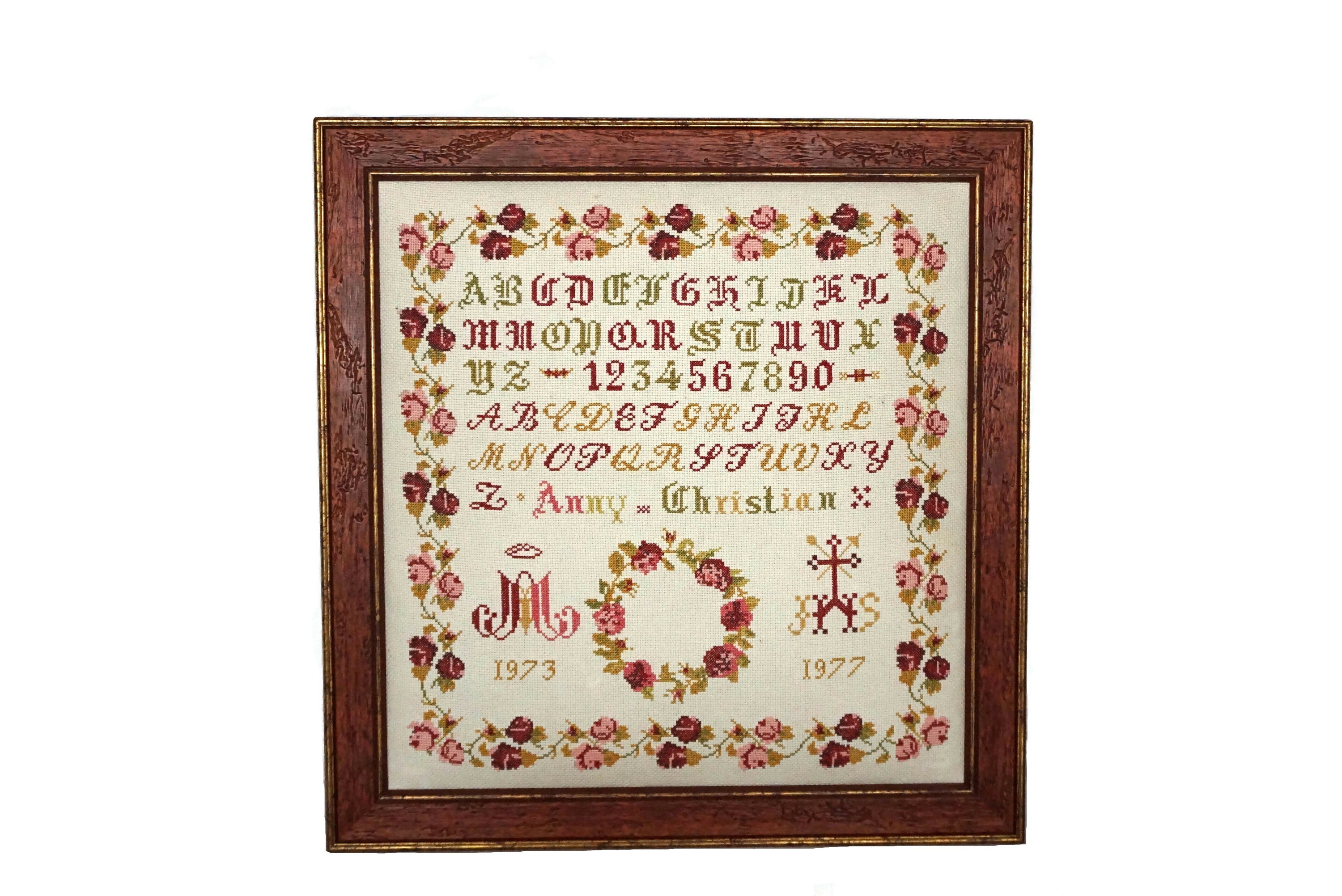French Embroidery Cross Stitch Sampler, Framed Needlework with Alphabet