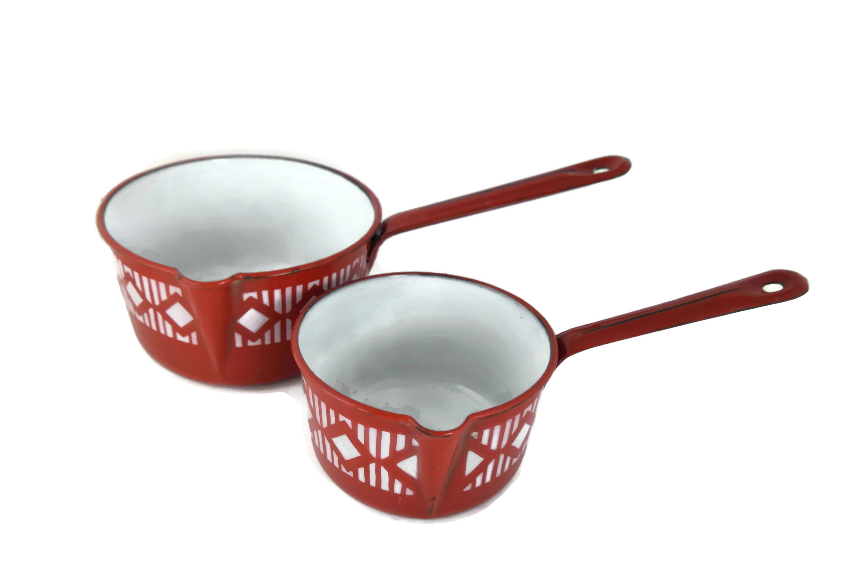 French Enamel Red Saucepan Set, Art Deco Kitchen Decor, Vintage Foodie