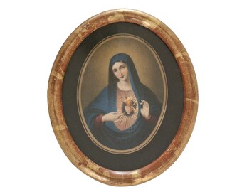 Flaming Sacred Heart of Saint Mary Painting, 19th Century French Virgin Mary Portrait, Marian Christian Gift