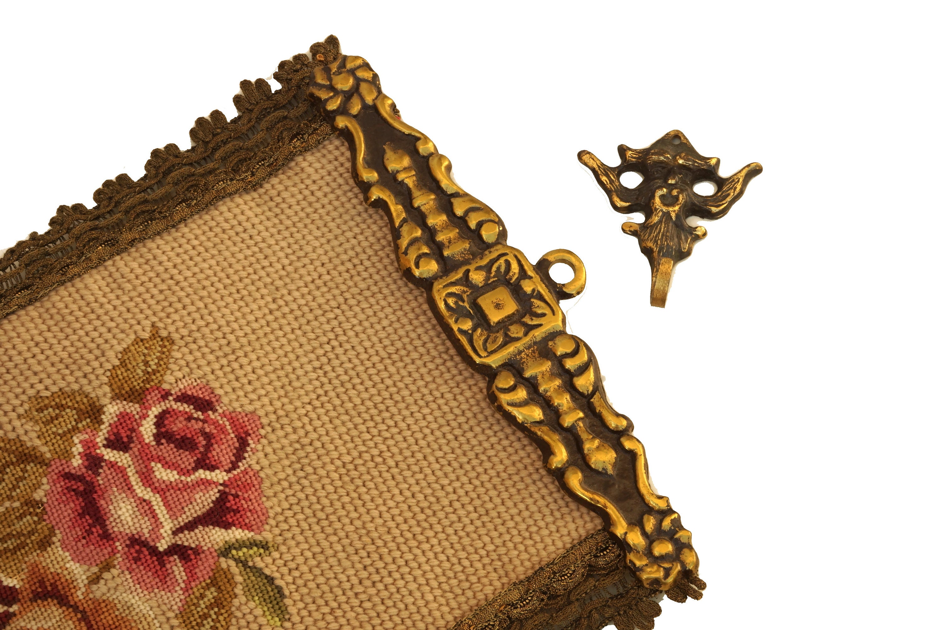 French Rose Tapestry Bell Pull, Vintage Needlework Flower Wall Hanging