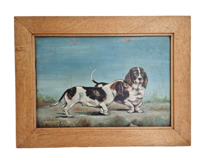Basset Dogs Portrait Painting, Original Framed Animal Wall Art