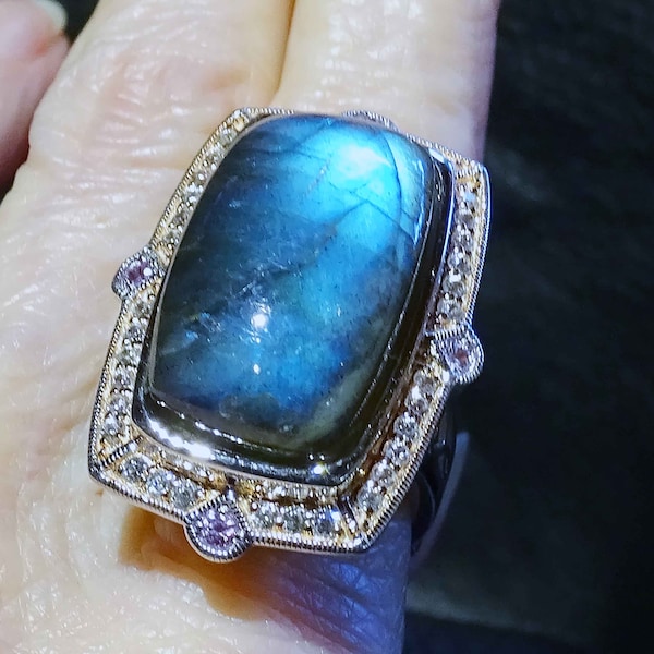 Labradorite Statement Ring, Sapphire, Sterling