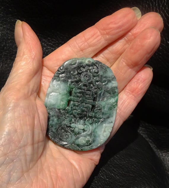 Antique Jadeite Pendant, Carved Spinach, Estate Jewelry