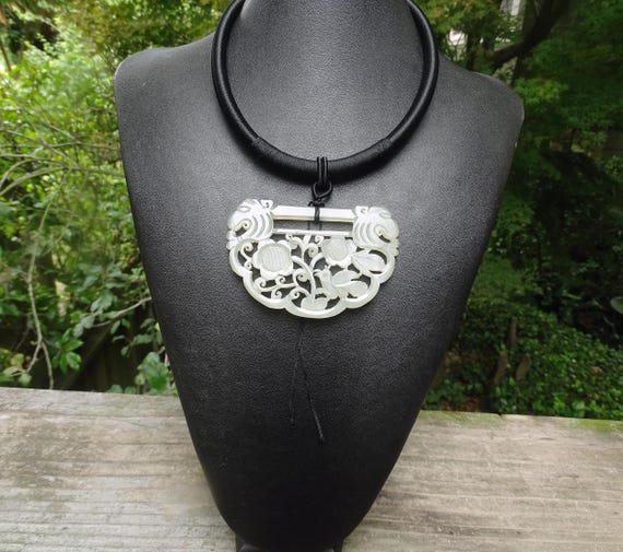 Antique Jade Necklace, Carved Nephrite, Estate Jewelry
