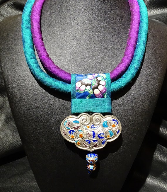 Chinese Pendant Necklace, Silk and Enamel