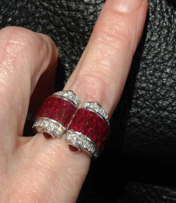 Platinum Ruby Diamond Ring, Art Deco Invisible Set