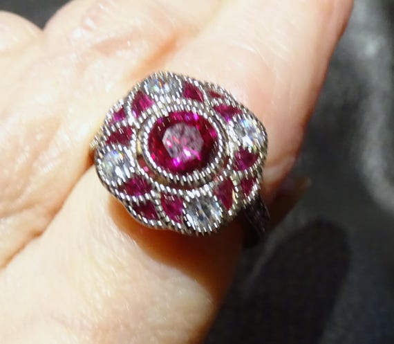 Lab Ruby Ring, Art Deco Style, Sterling, Platinum - image 6