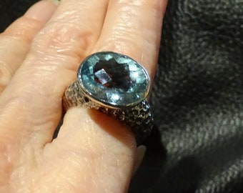 Blue Topaz Solitaire Ring, Hand Hammered Sterling