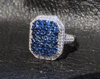 Blue Sapphire Ring, Natural White Zircons