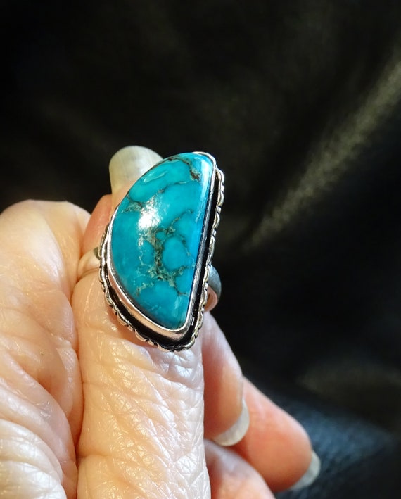 Unique Turquoise Ring, Vintage Crescent, Sterling - image 8