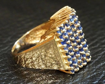 Sapphire Pyramid Ring, Cornflower Blue Ceylon Sapphires, 14K Yellow Gold, Estate,