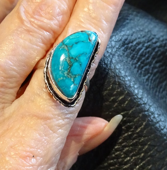 Unique Turquoise Ring, Vintage Crescent, Sterling - image 1