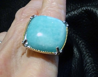 Amazonite Solitaire Ring 22 ctw, Sterling Palladium 18K Gold Setting