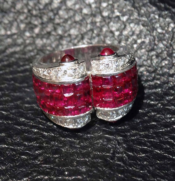 Platinum Ruby Diamond Ring, Art Deco Invisible Set