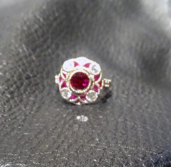 Lab Ruby Ring, Art Deco Style, Sterling, Platinum - image 4