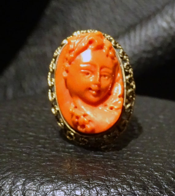 Coral Cameo Ring, 14K Gold, Victorian - image 9