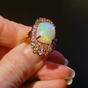 Opal Sapphire Ring, Pink and Yellow Sapphires, Yellow Gold