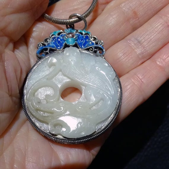 Antique Pendant Necklace, White Nephrite, Estate Jewelry