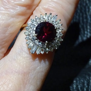 Rhodolite Garnet Ring, 2.82ctw, Natural White Zircons, Yellow Gold, Vintage Jewelry