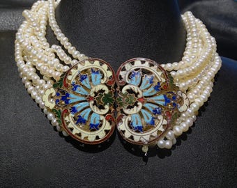 Pearl Bib Necklace,  Cultured Pearls, Enamel Clasp, Estate Jewelry