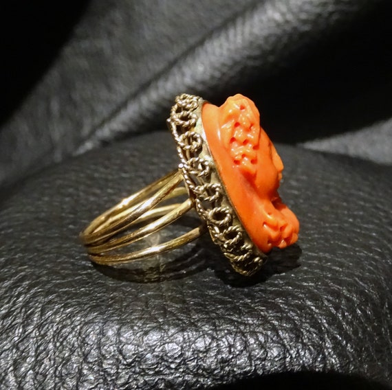 Coral Cameo Ring, 14K Gold, Victorian - image 3