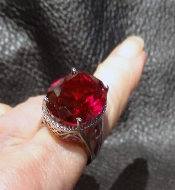 Ruby Solitaire Ring, Platinum over Sterling, Lab … - image 7