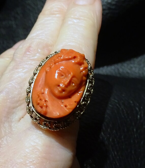 Coral Cameo Ring, 14K Gold, Victorian - image 10