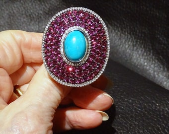 Turquoise Rhodolite Ring, Huge Statement