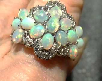 Opal Cluster Ring, Platinum over Sterling Silver