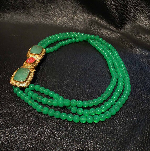 Chinese ArtDeco Necklace, Jade Tourmaline Ormolu C