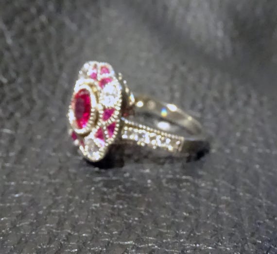 Lab Ruby Ring, Art Deco Style, Sterling, Platinum - image 2