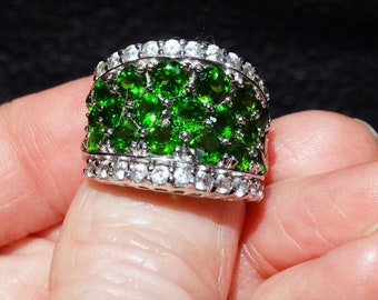 Siberian Emerald Ring, Chrome Diopside, White Topaz, Sterling Silver